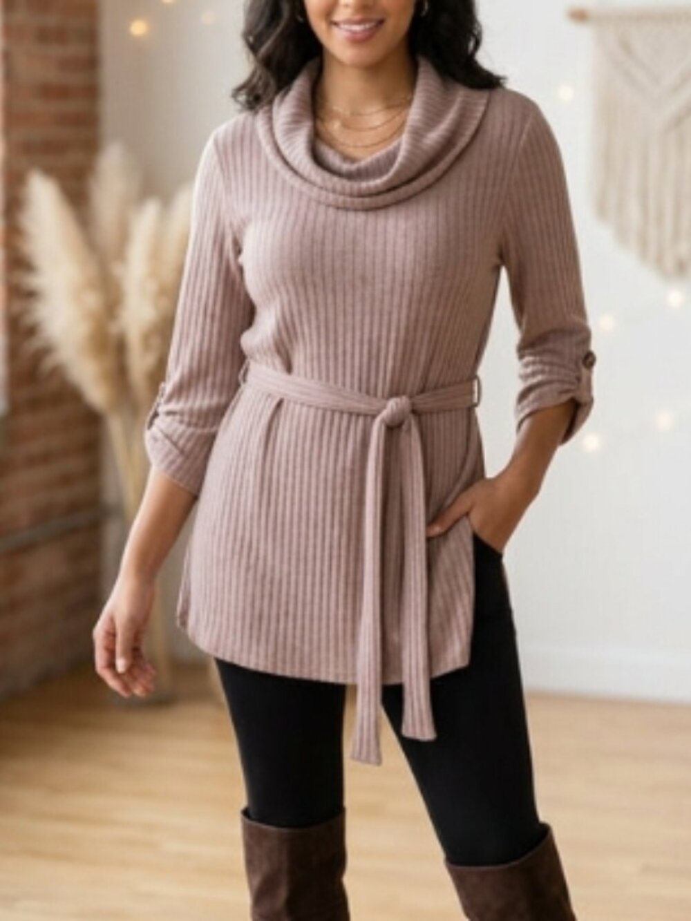 PerSeption Concept Ribbed Knit Cowl Neck Belted Tunic Sweater L Quiet Luxury